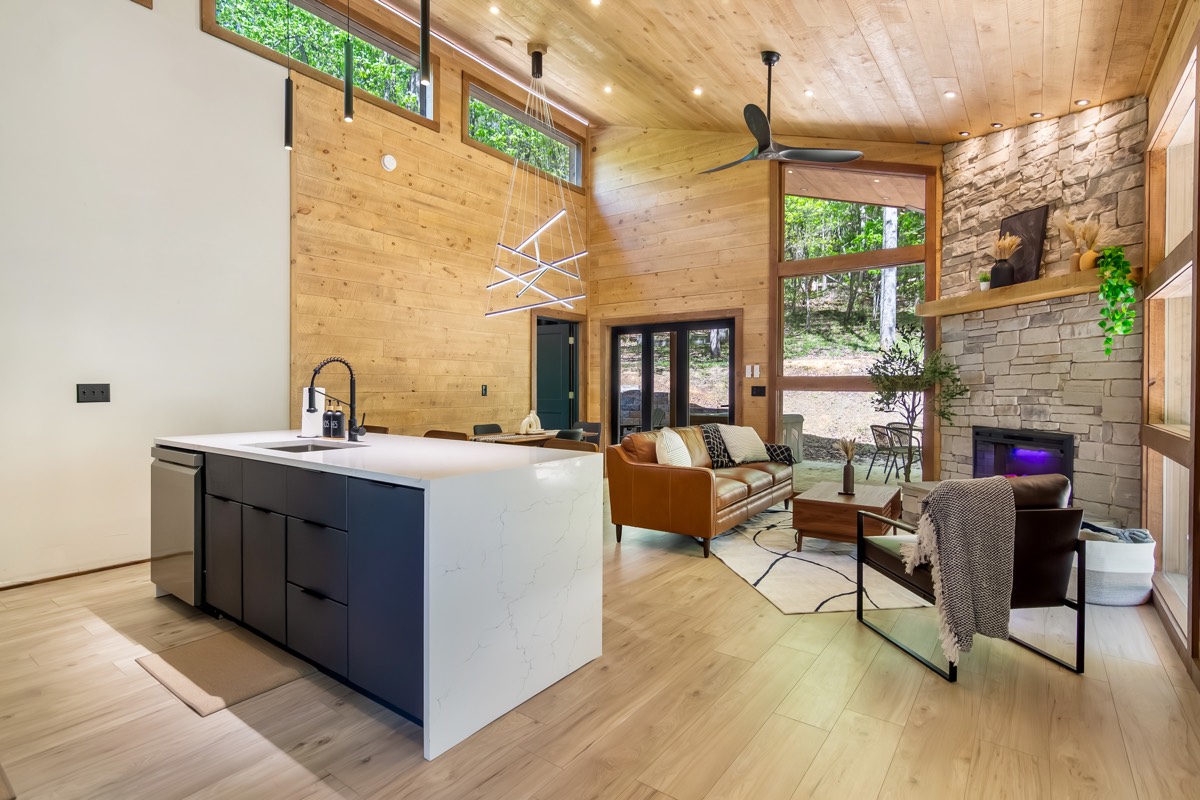 A modern cabin great room designed and furnished by Vanik — stone fireplace, leather sofa, waterfall-edge island