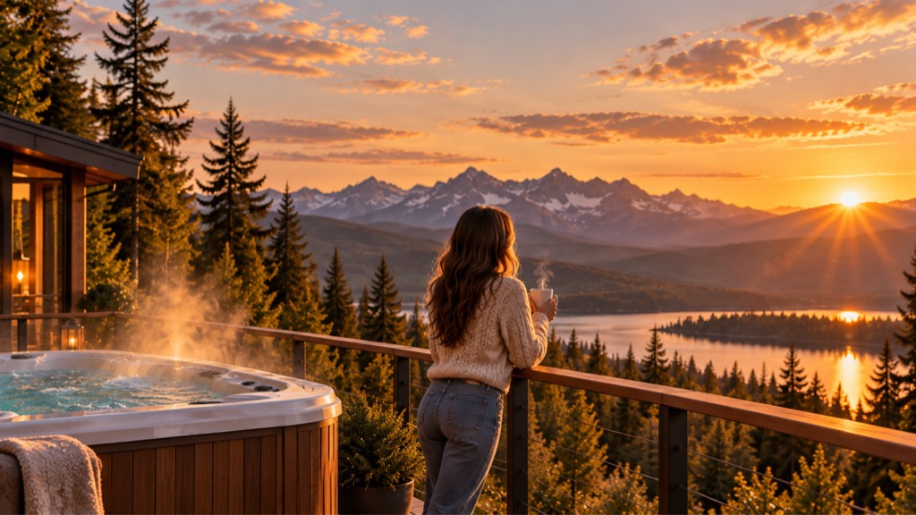 A guest with a warm mug at a deck rail above a lake at sunset